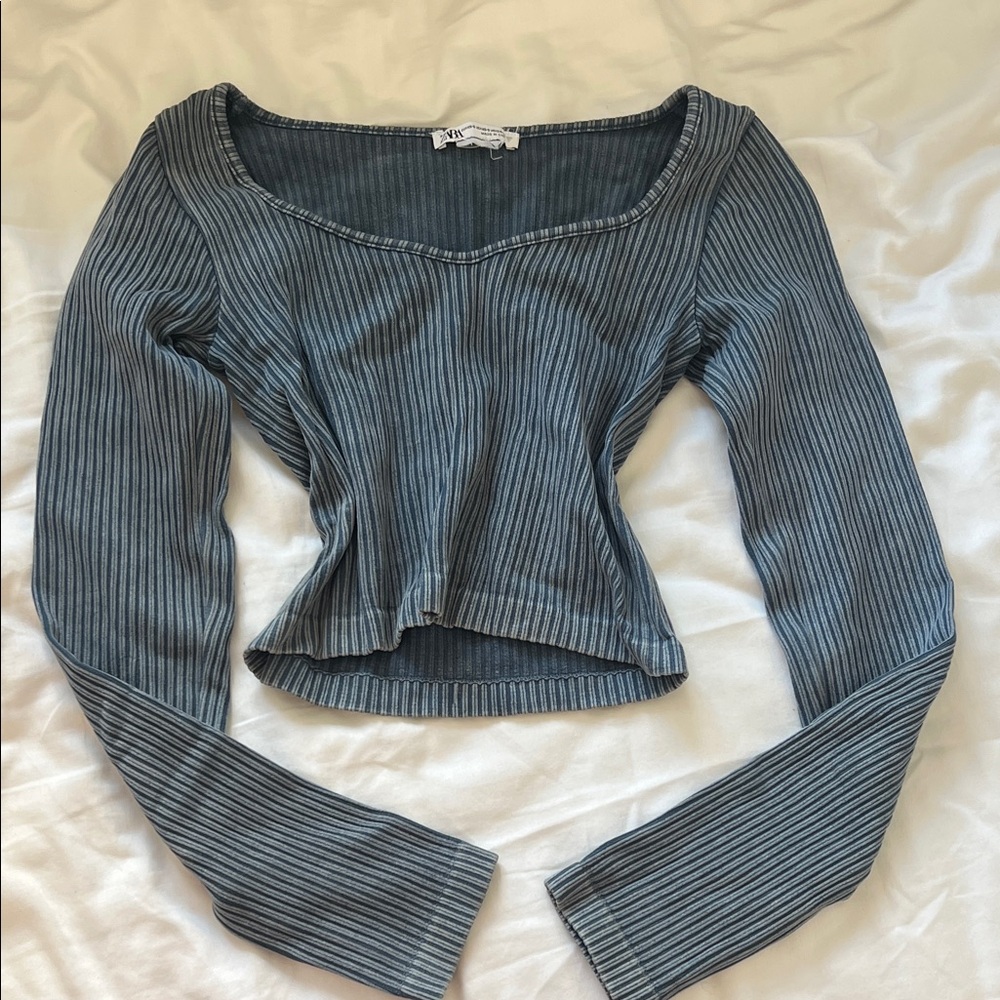 Zara Striped Ribbed Scoop-Neck Long Sleeve Top - Slate Blue
